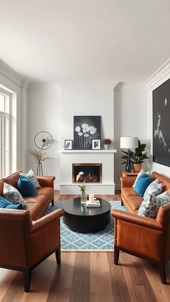 A stylish living room featuring chestnut brown leather sofas, cobalt blue cushions, and white walls with a modern black coffee table.