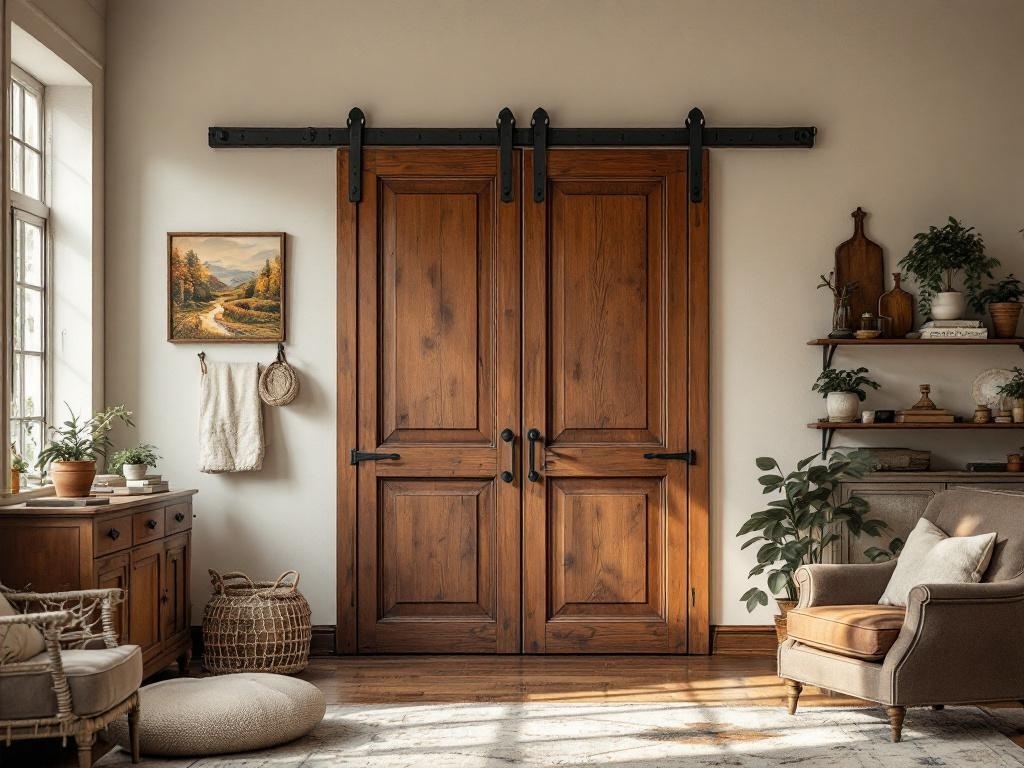 A cozy interior featuring a chestnut brown stained sliding barn door, surrounded by natural light and warm decor.