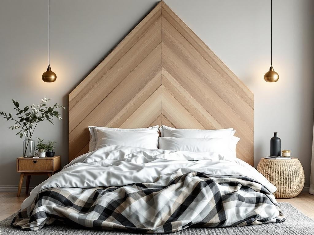 A stylish chevron patterned plywood headboard in a modern bedroom setting with soft bedding and warm pendant lights.