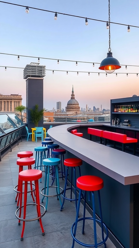 Chic rooftop bar area with colorful stools and a modern design, overlooking a city skyline.