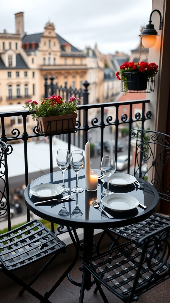 Chic black bistro table with wine glasses and plates on a Parisian balcony