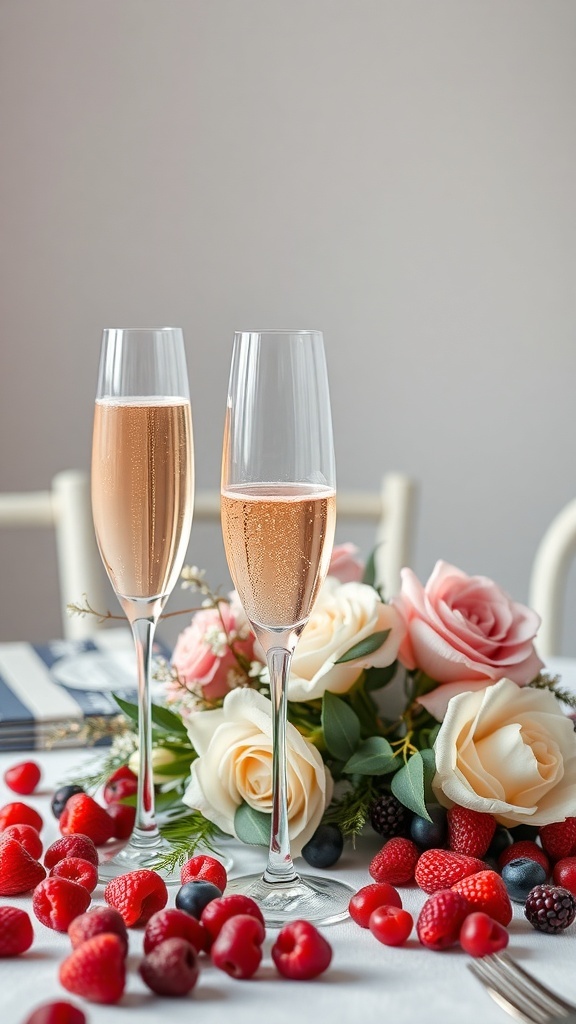 Chic display of champagne flutes surrounded by fresh berries and roses on a festive table.