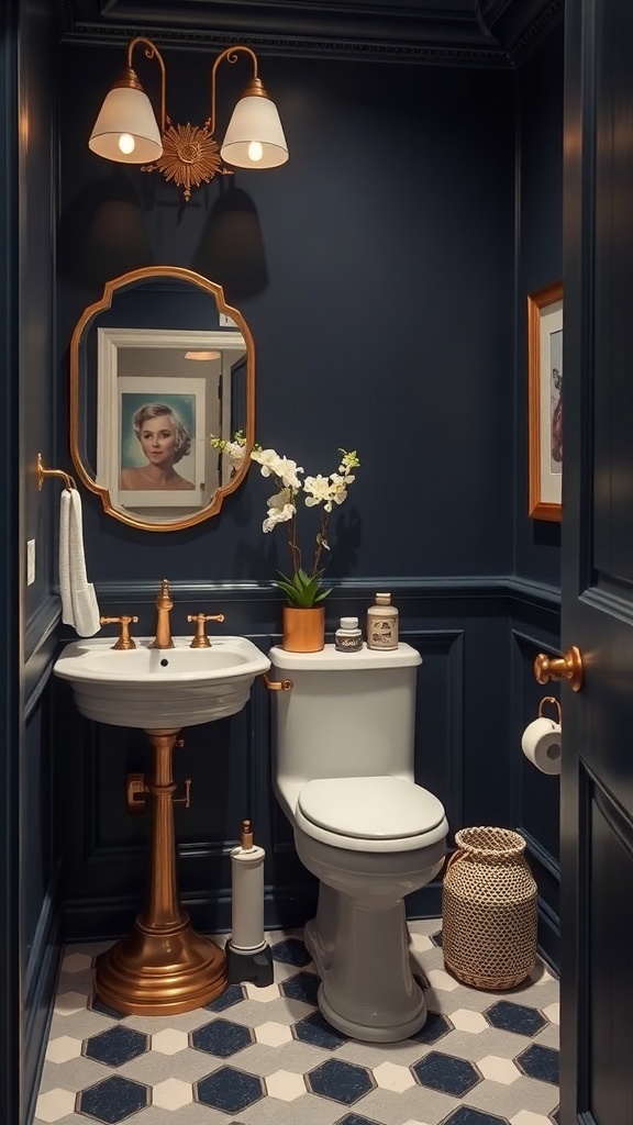 A stylish powder room featuring navy blue walls, brass fixtures, and elegant decor.