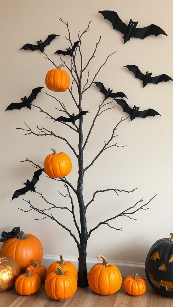 A minimalist Halloween tree with black branches, orange pumpkins, and black bats, showcasing a chic and budget-friendly decor idea.
