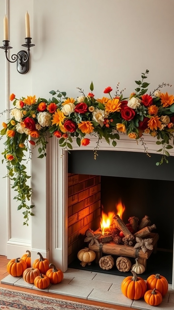 A chic fireplace decorated with a floral garland and pumpkins, creating an elegant Halloween atmosphere.