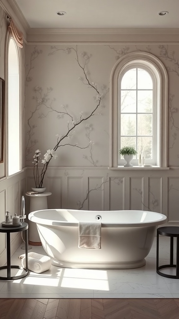 A chic freestanding bathtub in a luxury bathroom with natural light and elegant decor.