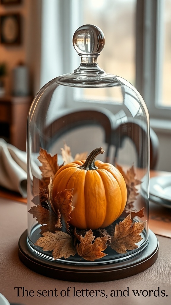 A glass cloche with an orange pumpkin and dried leaves inside, creating a chic Halloween centerpiece.