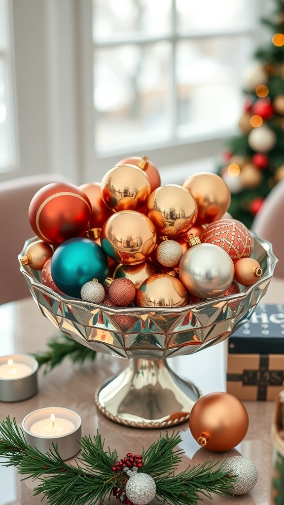 A decorative bowl filled with colorful glass ornaments, surrounded by candles and greenery.