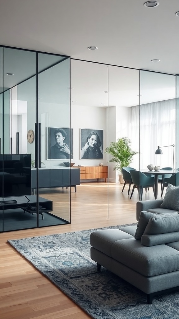 A modern living room with glass room dividers separating the TV area from the dining space, showcasing a stylish and open design.