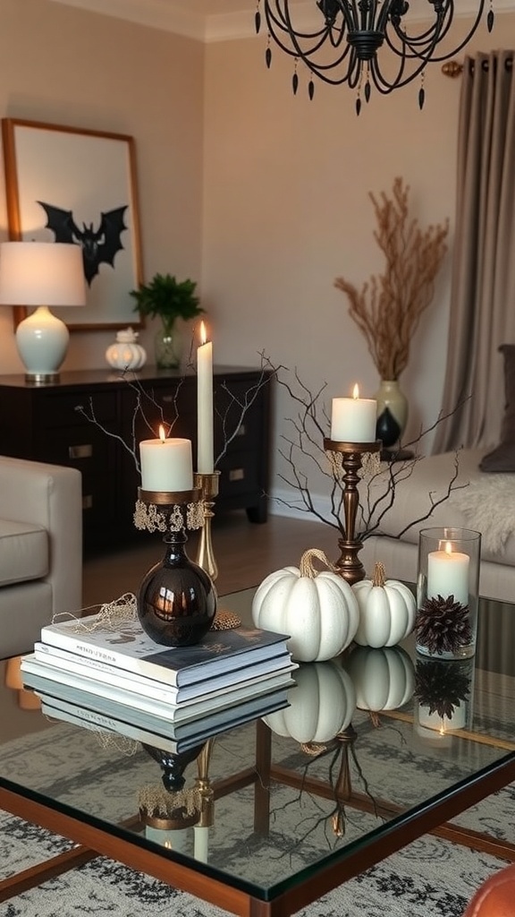 Chic Halloween centerpiece with white pumpkins, candles, and decorative branches on a glass table.