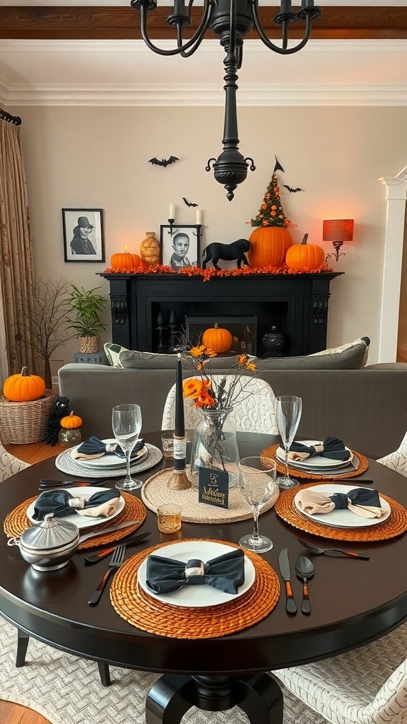 A chic Halloween table setting featuring woven placemats, black napkins, and a cozy living room backdrop with pumpkins and bats.