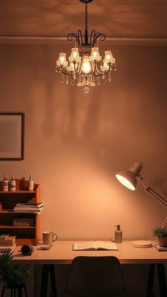 A stylish home office with a chandelier and a modern desk lamp providing warm lighting.
