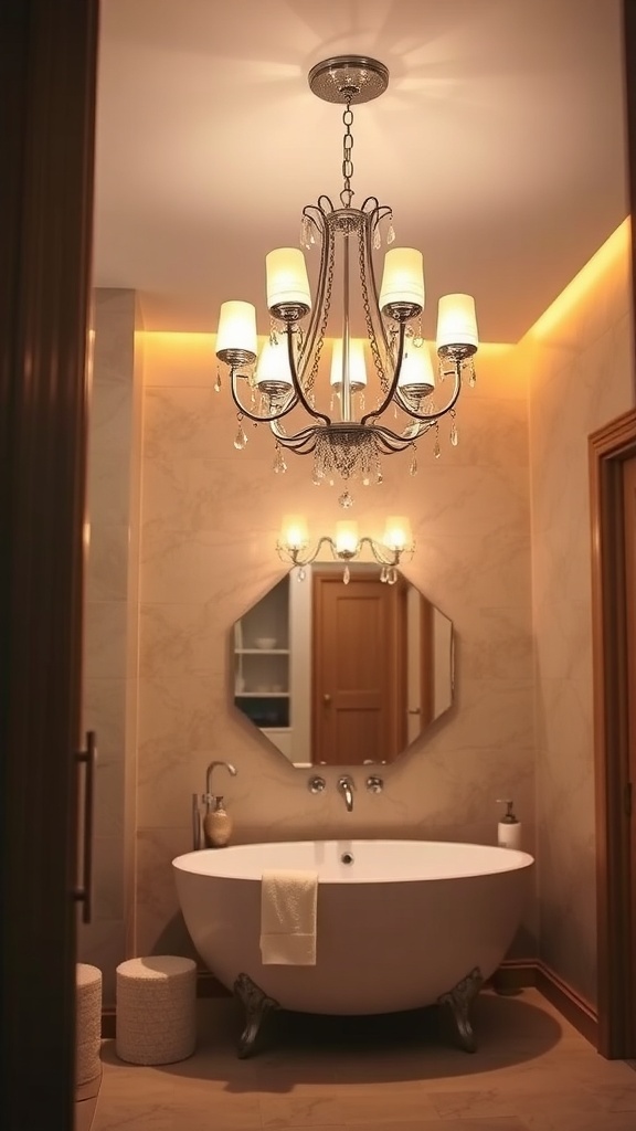 A stylish chandelier hanging above a freestanding bathtub in a modern bathroom.