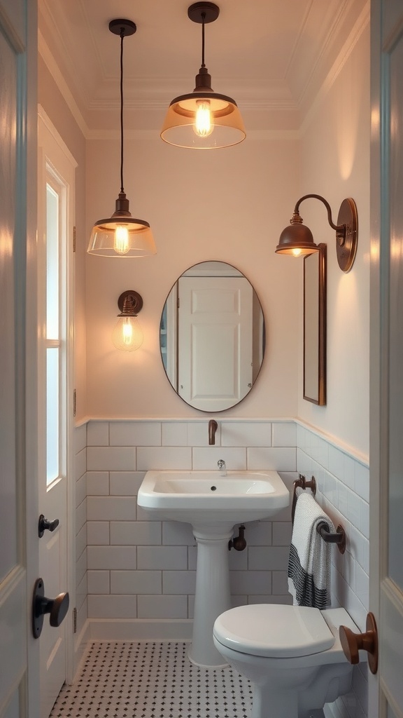 Stylish tiny bathroom with chic lighting solutions including pendant and wall-mounted lights.