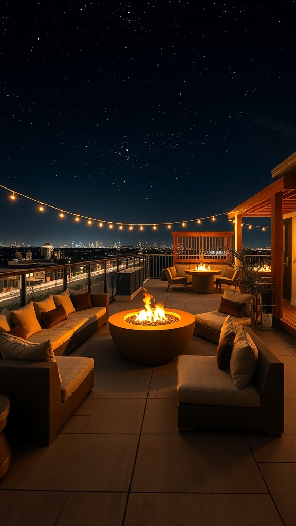 Chic rooftop lounge with fire pit and string lights at night