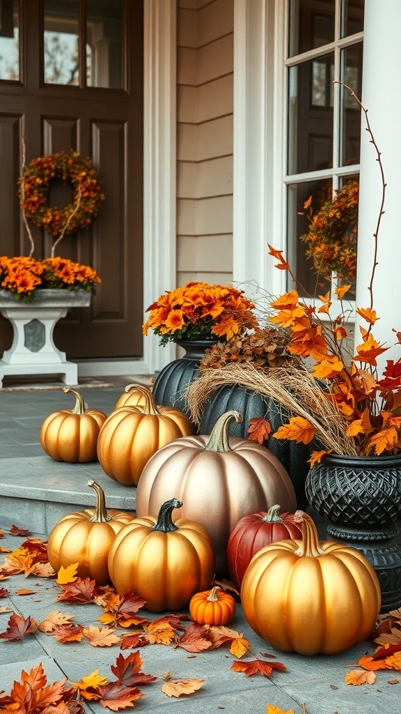 Chic metallic pumpkins in gold and bronze with autumn leaves on a porch