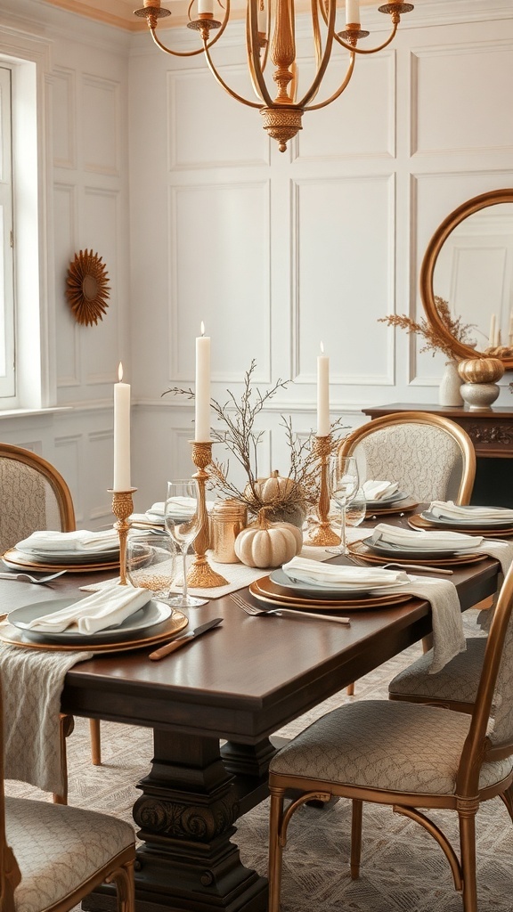 A chic Thanksgiving table setting featuring gold and silver elements, including candlesticks, plates, and a pumpkin centerpiece.