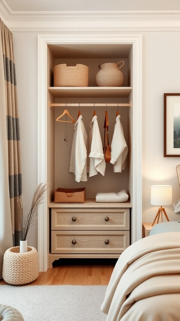 A chic mini wardrobe with woven baskets, hanging clothes, and drawers in a cozy bedroom setting.