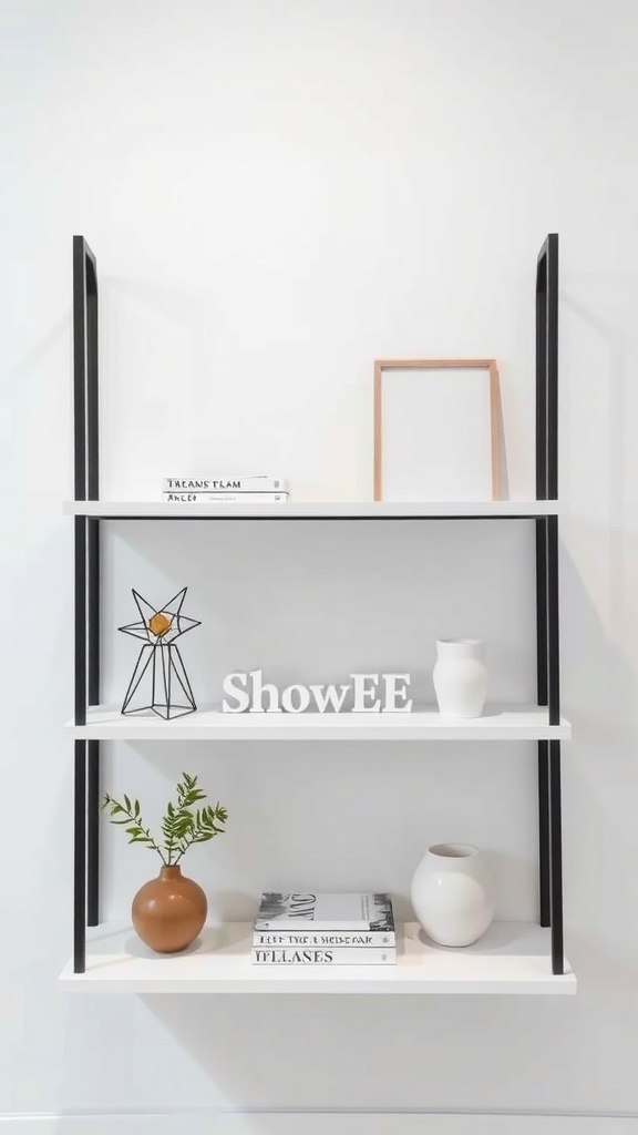 A minimalist shelf with decorative items and books, featuring a black frame and white shelves.