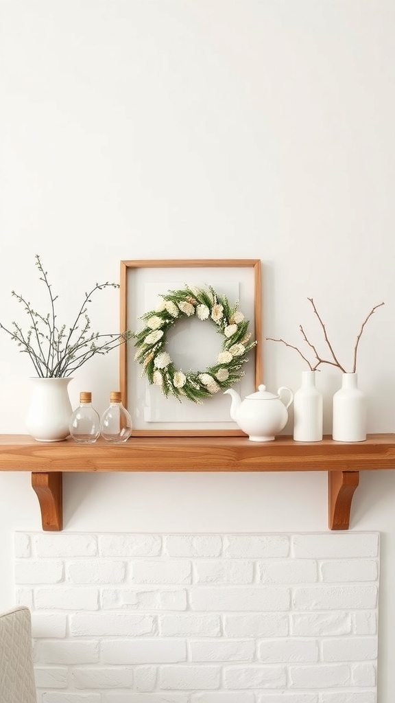 A minimalist mantel decorated with a wreath, white vases, and glass bottles against a white brick wall.