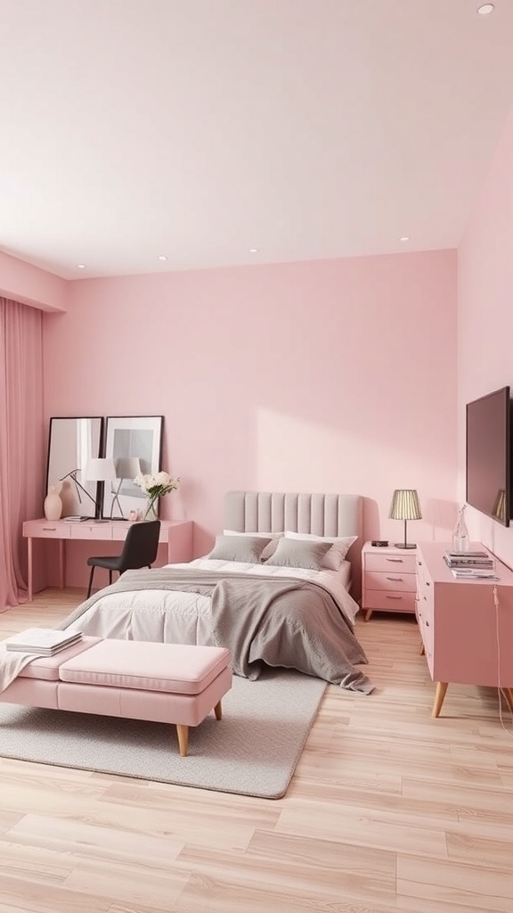 A modern pink bedroom featuring soft pink walls, a plush bed with gray bedding, a pink ottoman, and a stylish desk.