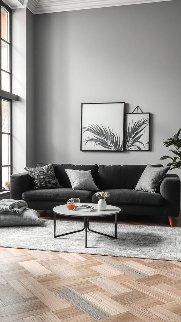 A modern living room featuring a chic black sofa, gray walls, layered rugs, and stylish decor.