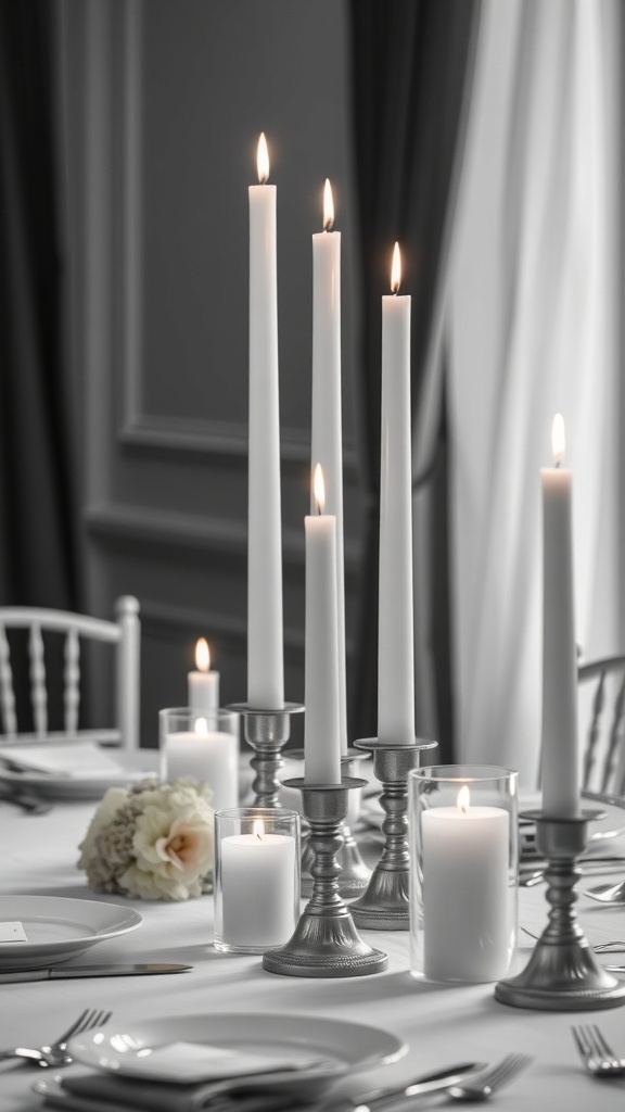 Monochrome candle arrangement with tall white candles and silver holders on a dining table