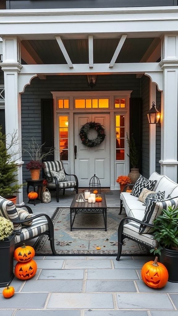 Chic Halloween porch with striped furniture, pumpkins, and warm lighting.