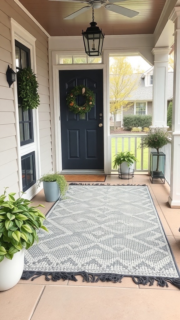 A chic black and white outdoor rug on a front porch, surrounded by potted plants and a welcoming door.