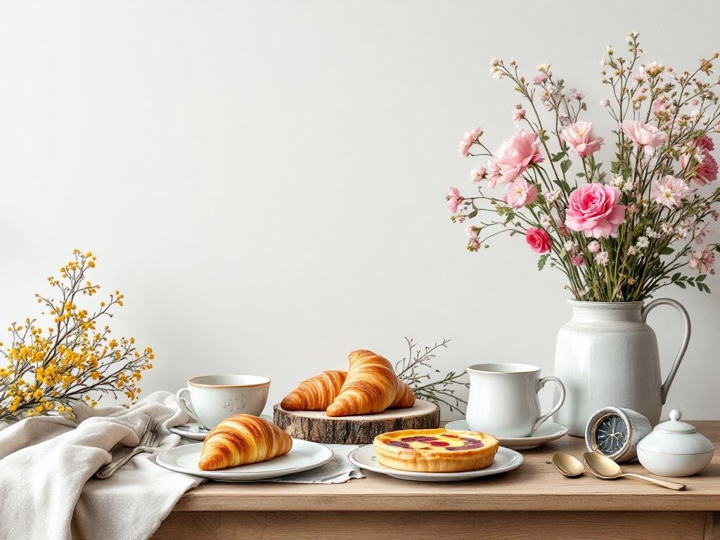 A beautifully arranged table featuring croissants, quiche, and flowers, evoking a Parisian café vibe.