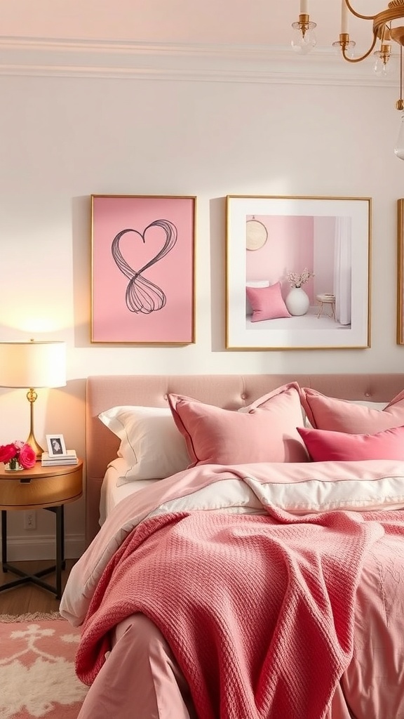 Chic pink bedroom with framed art and soft decor