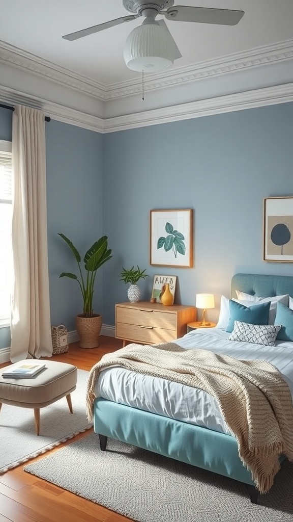 A chic powder blue bedroom featuring a cozy bed, wooden furniture, and a potted plant.