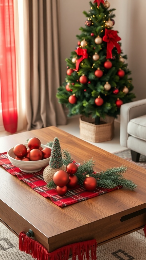 A cozy coffee table decorated with red and green Christmas decor, featuring ornaments and a small tree, with a Christmas tree in the background.