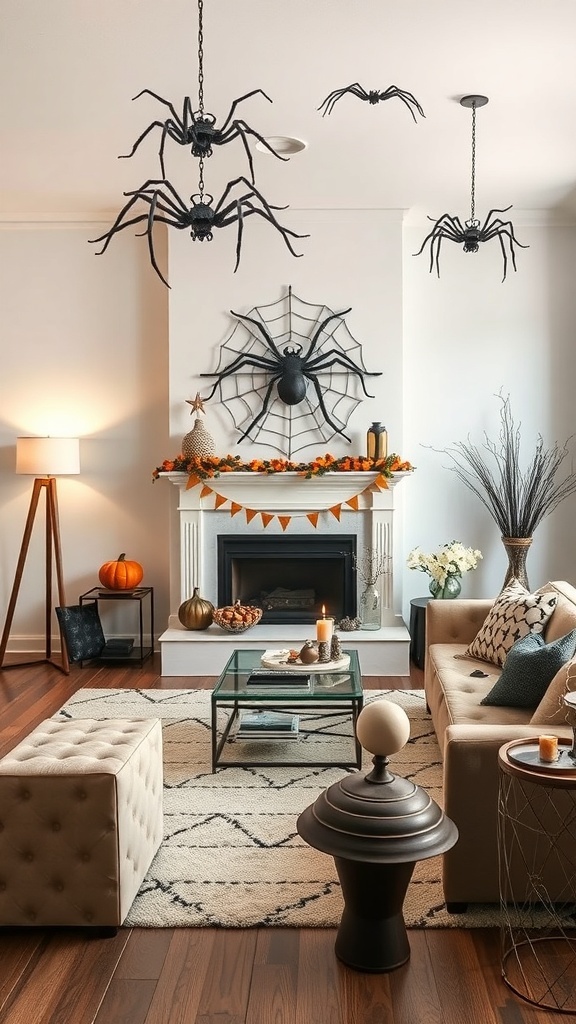 Living room decorated for Halloween with large spider decor and a cozy atmosphere.