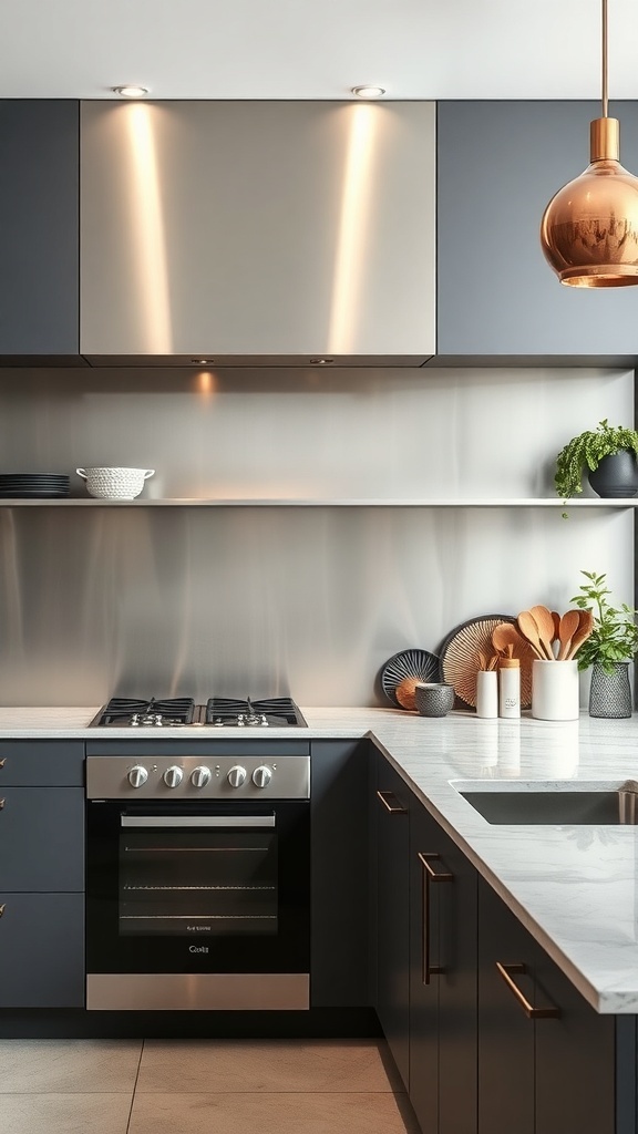 Modern kitchen with a stainless steel backsplash, dark cabinets, and marble countertops.
