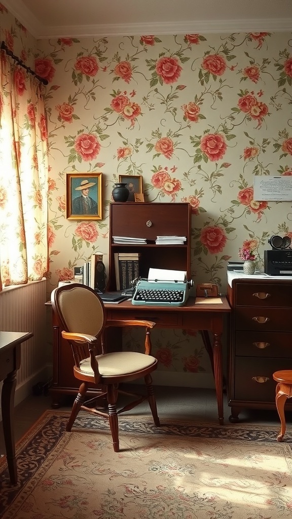 A vintage home office with floral wallpaper, a wooden desk, a typewriter, and a cozy chair.