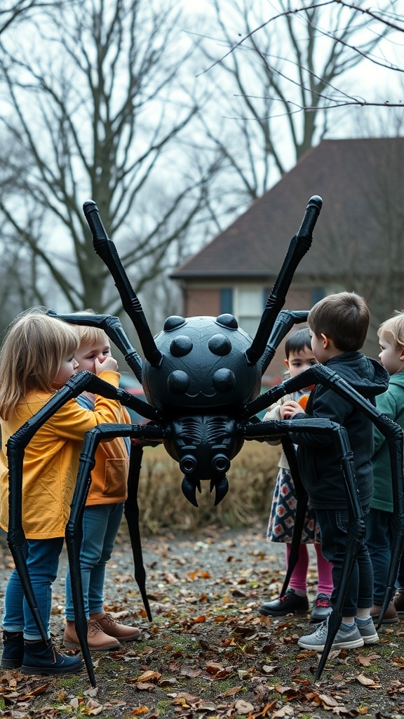 Children interacting with a large black spider decoration in a playful setting.