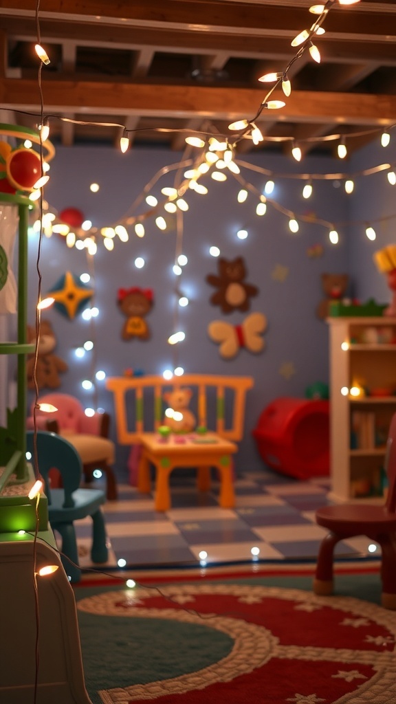 A cozy play area decorated with child-friendly light strings, creating a warm and inviting atmosphere.