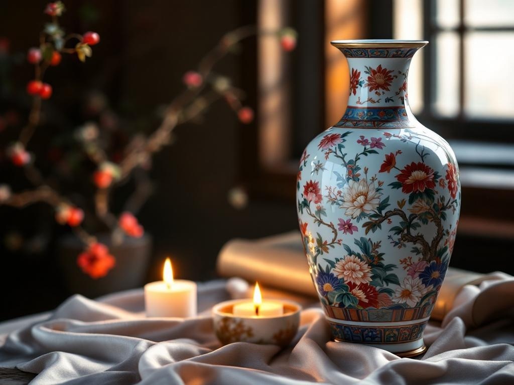 A Chinese porcelain vase with floral designs, surrounded by candles and soft fabric.