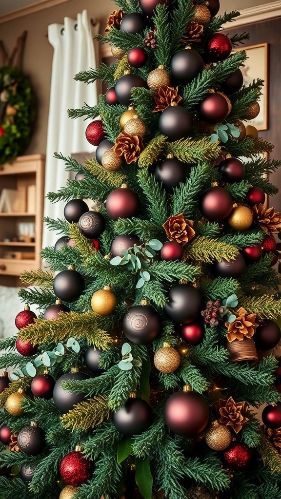 A beautifully decorated Christmas tree featuring chocolate brown and forest green ornaments, with natural elements like eucalyptus and pinecones.