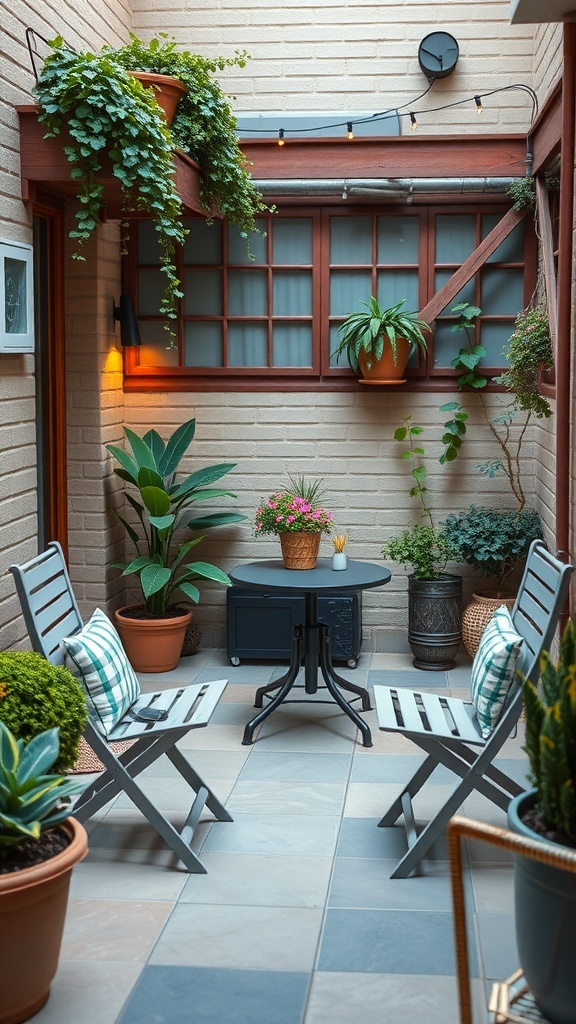 A cozy small backyard with foldable chairs and a round table surrounded by plants.
