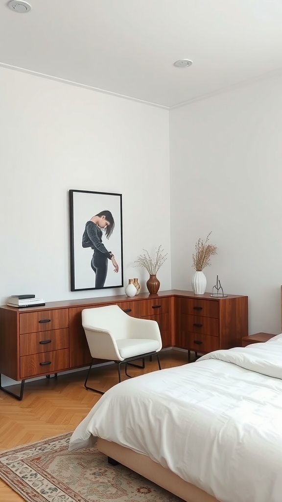 A minimalist bedroom featuring a low-profile bed, wooden dresser, and a stylish chair.