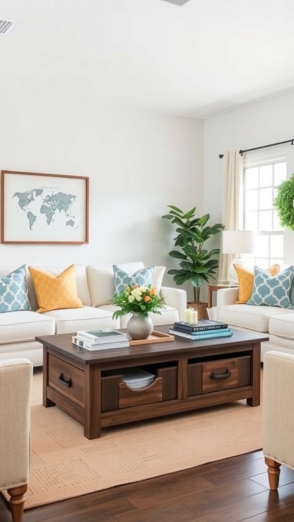 A warm farmhouse living room with a coffee table, comfortable sofas, and decorative cushions.