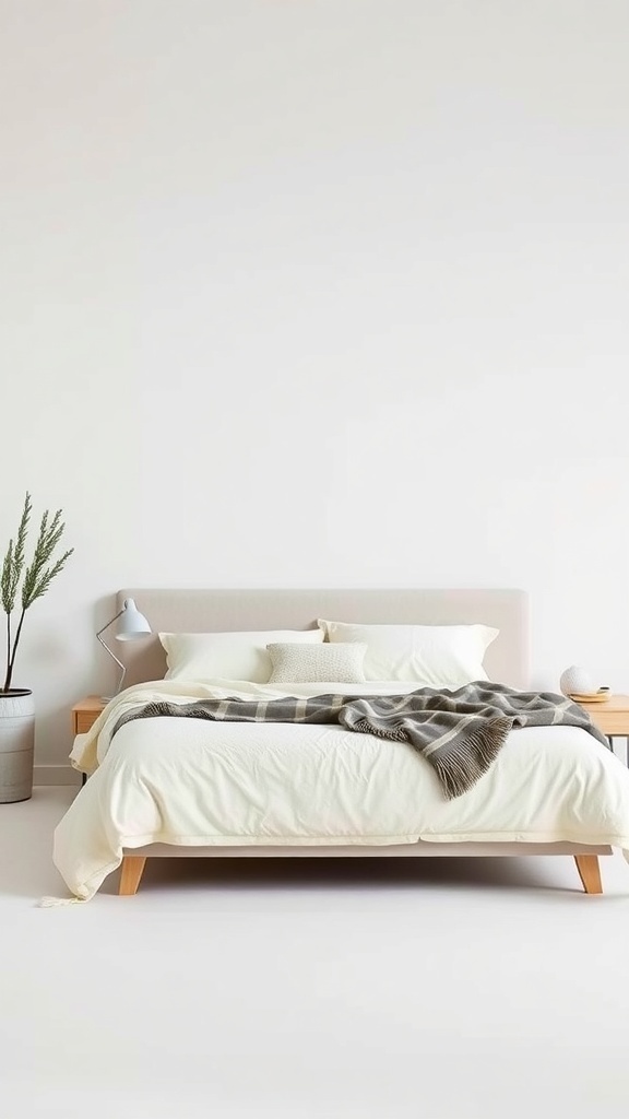 A minimalist bedroom featuring a low-profile bed with soft bedding and a cozy throw, complemented by a simple bedside lamp and a plant.