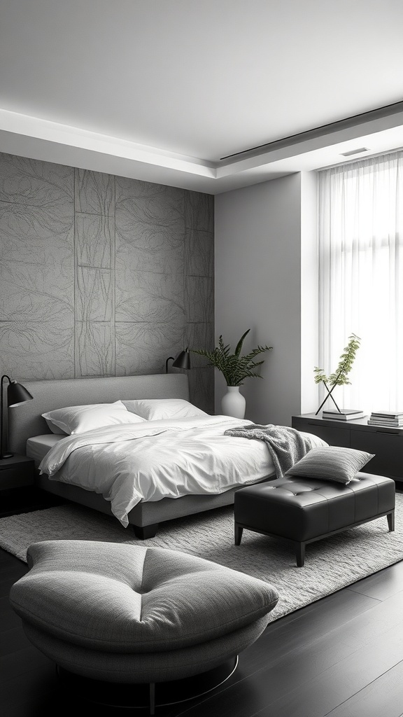 A minimalist dark feminine bedroom featuring a gray bed, unique lounge chair, and soft textures.