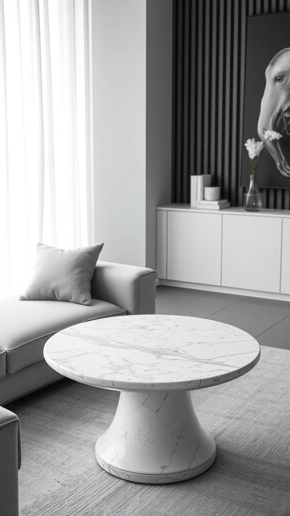 A sleek monochrome terrazzo side table in a modern living space, featuring a minimalist design with a smooth white surface and subtle gray veining.