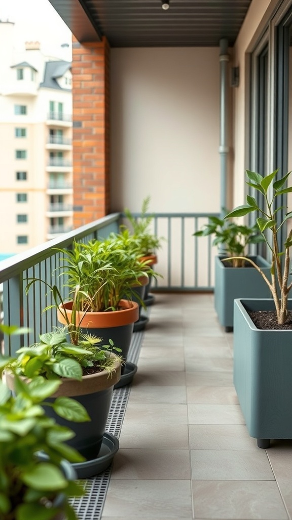 A balcony with various planter boxes showcasing different plants, emphasizing the importance of drainage solutions.