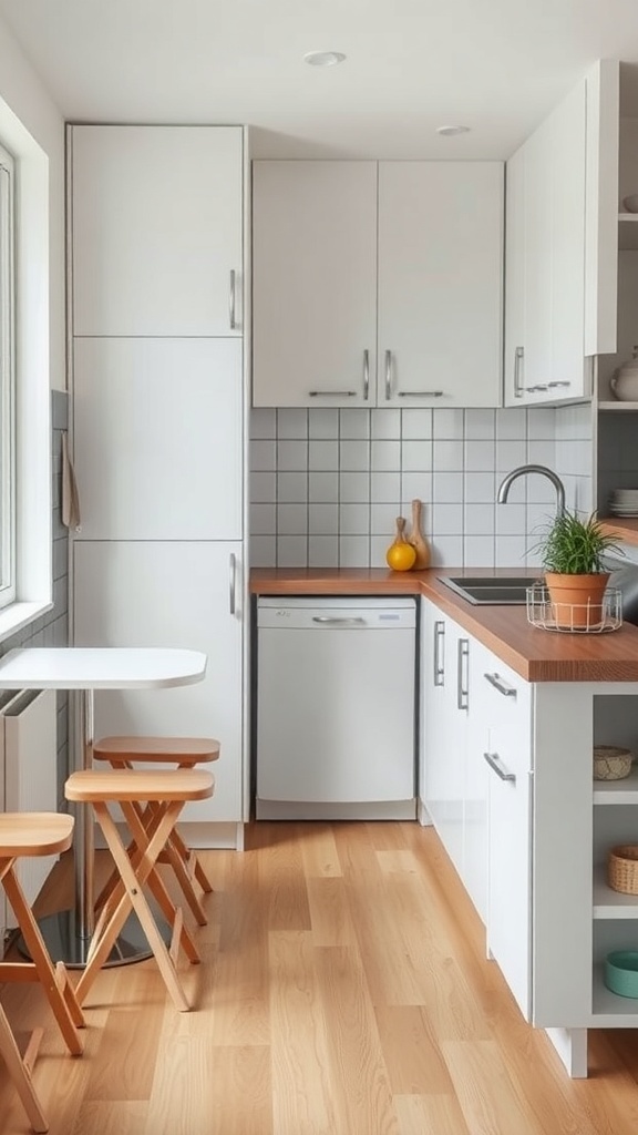Compact kitchen featuring a small round table and folding stools, emphasizing streamlined, multi-functional furniture.