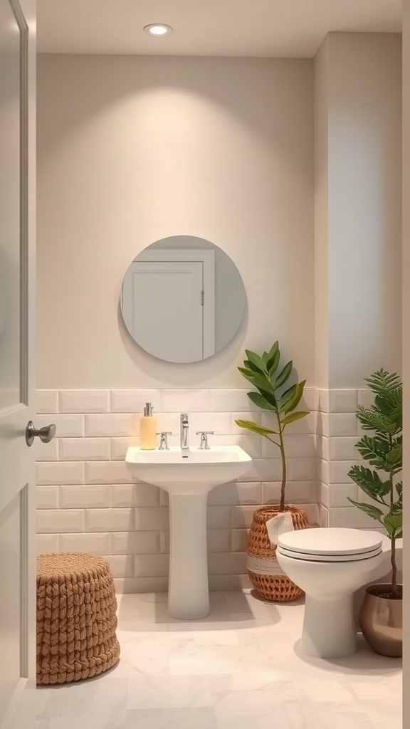 A serene bathroom featuring a neutral color palette with light beige walls, white fixtures, and natural elements like plants.