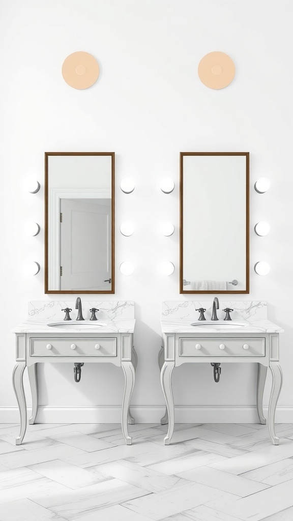 A bathroom with dual mirrors over two vanities, showcasing a modern design.